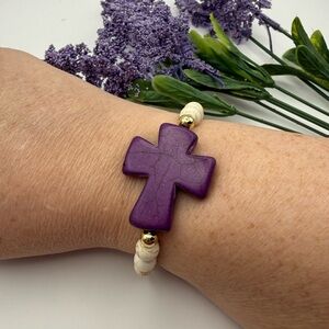 New Artisan Made Purple Cross Bead Stretch Bracelet - 7" Women's Jewelry